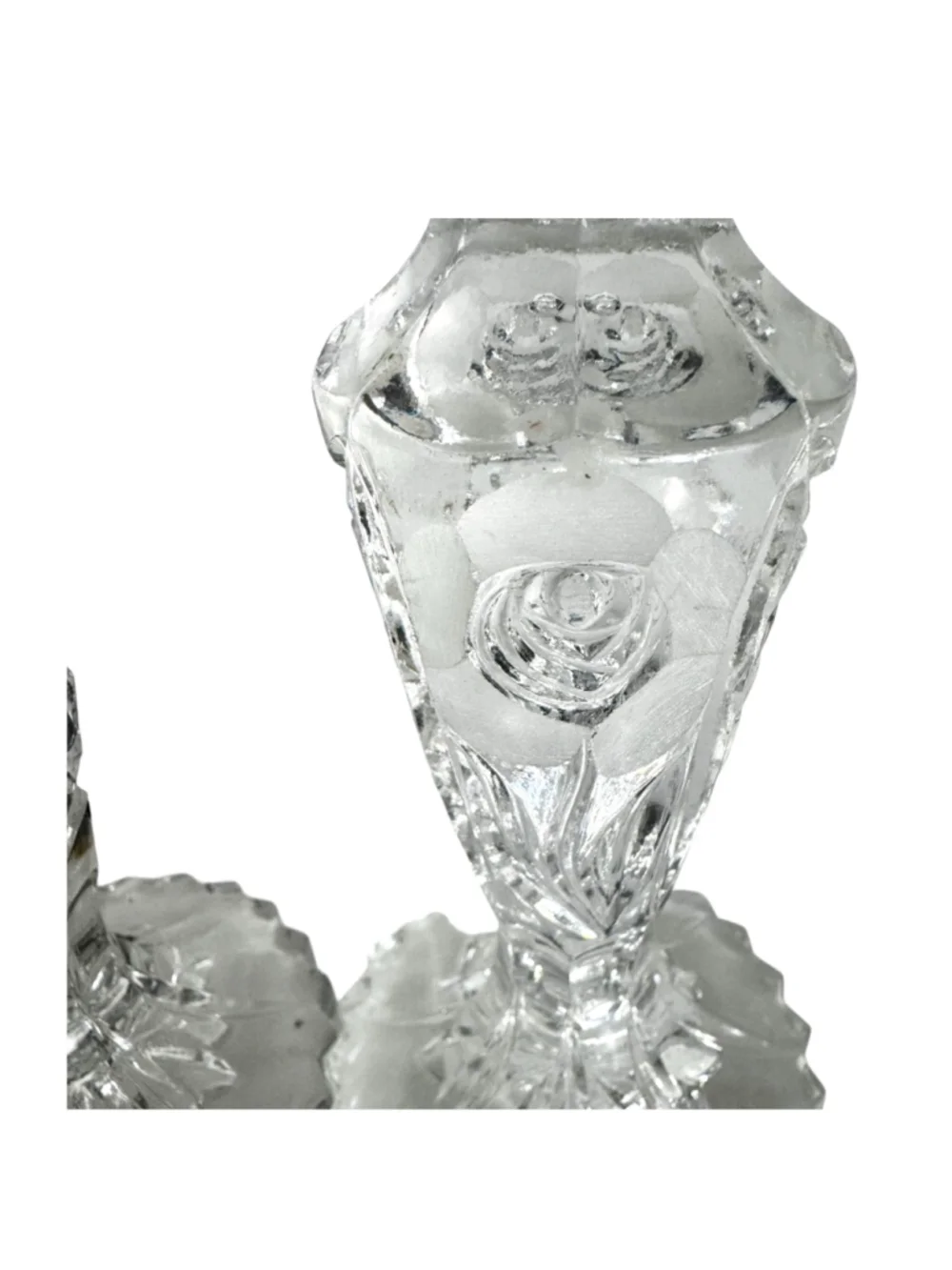 2 Clear Glass Single Candlestick Holders One Size Frosted Rose Ornate flower